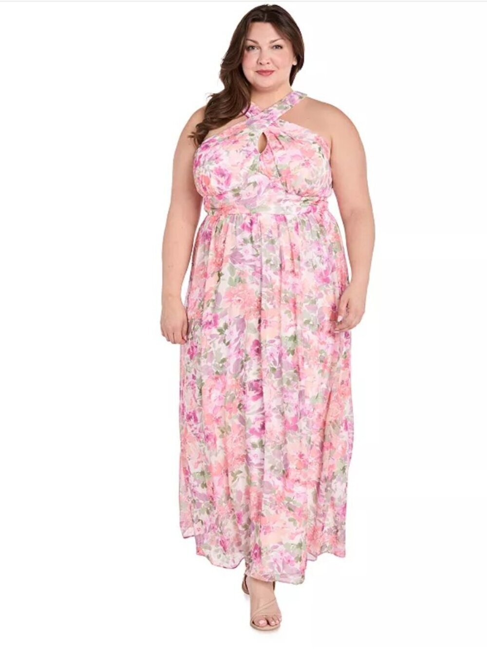 Brand New R&M Richards Printed Chiffon Criss-Cross Halter Maxi Dress Plus 18W